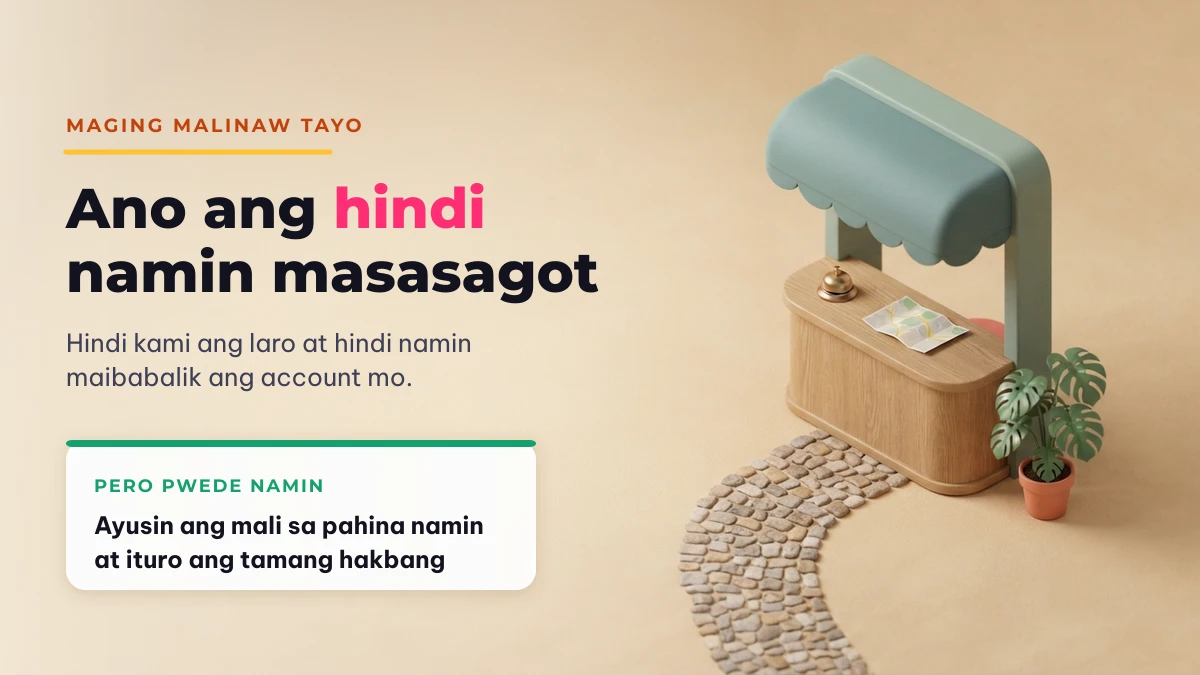 Ano ang hindi masasagot ng Palayaw.com Ano ang hindi masasagot ng Palayaw.com — hindi kami ang laro at hindi namin maibabalik ang account mo