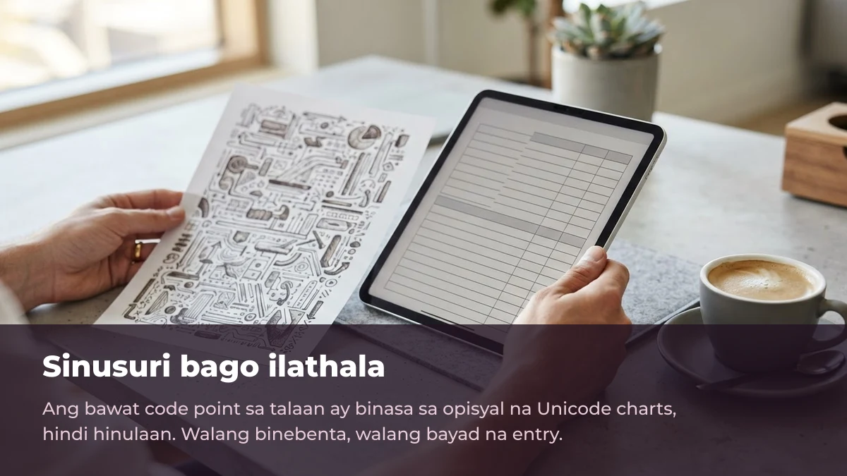 Dalawang kamay na inihahambing ang nakalimbag na reference sheet sa isang tablet, larawan ng pagsusuri ng code point bago ilathala