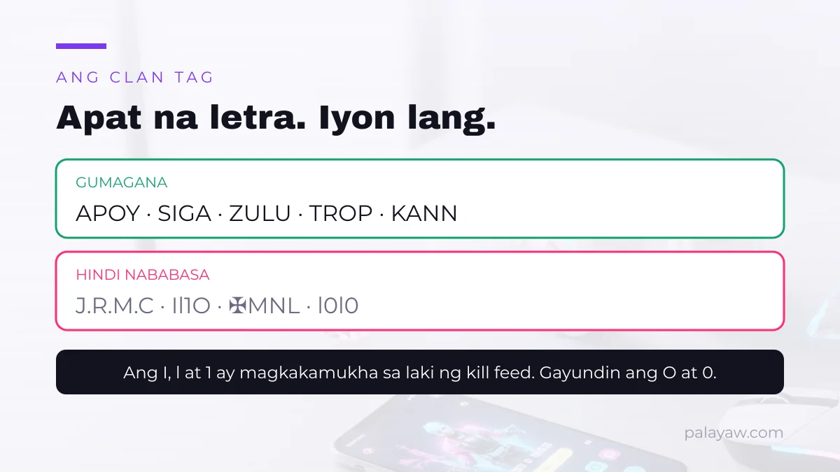 Mga clan tag na nababasa laban sa mga hindi nababasa sa laki ng kill feed