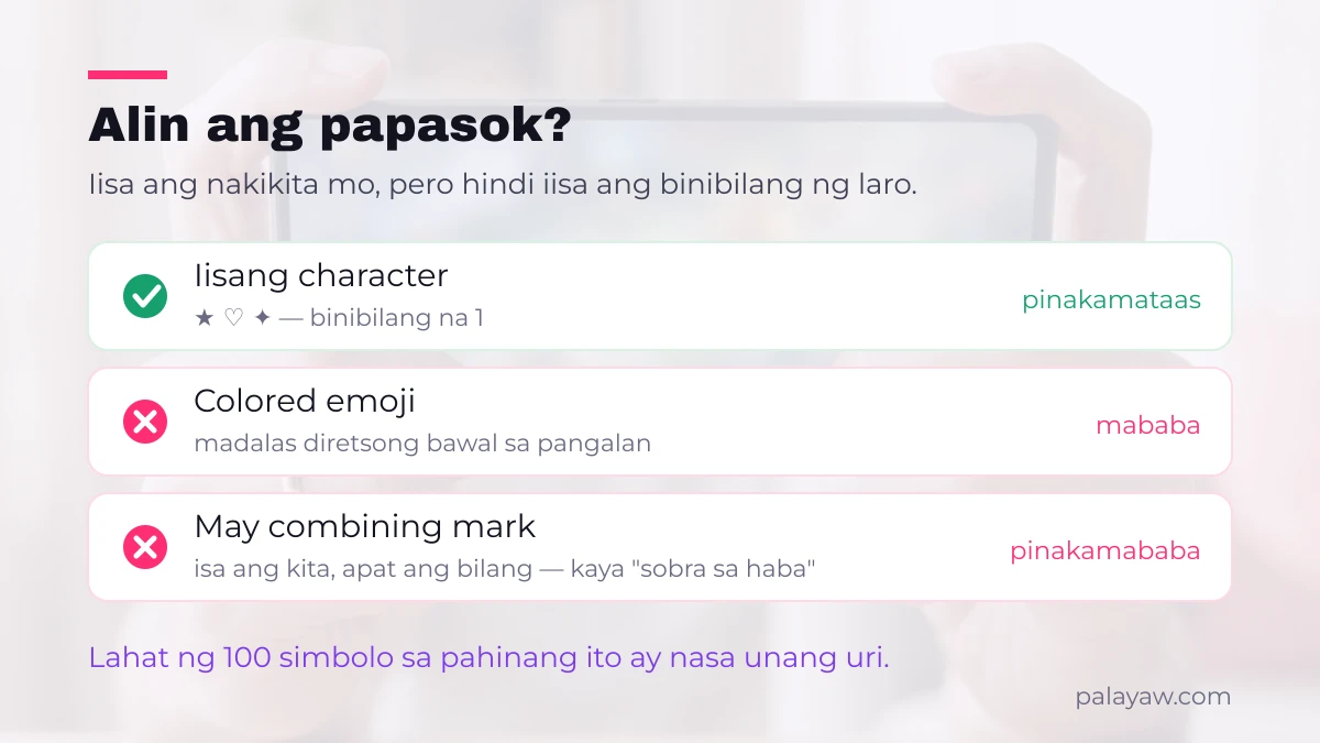 Paghahambing ng iisang character, colored emoji at combining mark sa name field ng laro